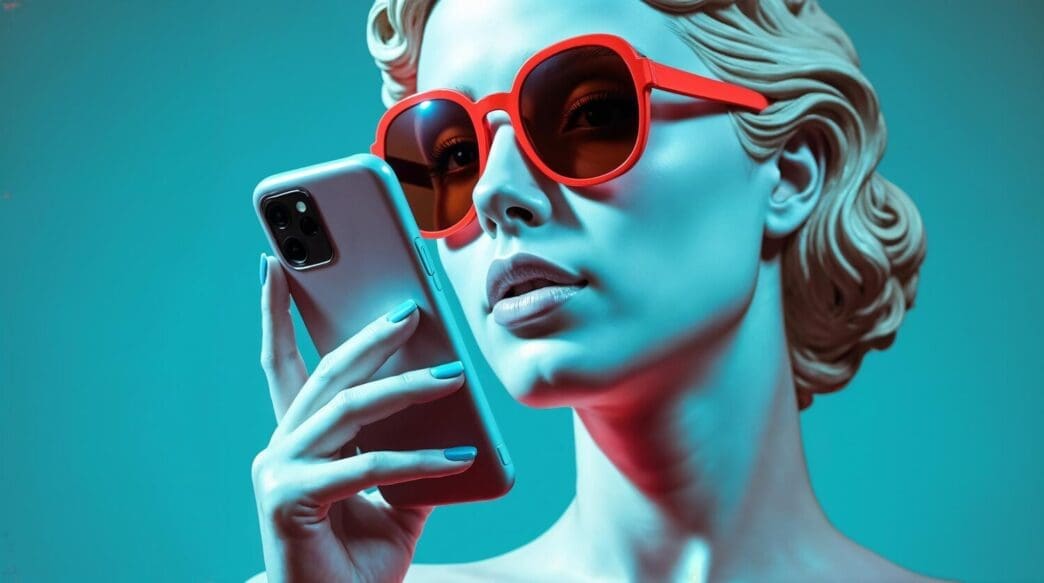 A woman wearing red sunglasses holds a smartphone while posing in front of a sculpture.