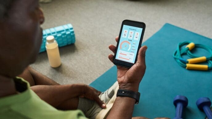 Senior Black man using a smartphone to follow a fitness app while working out at home.