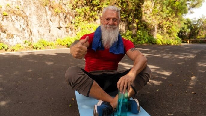 A senior man with a white beard smiles while exercising outdoors.