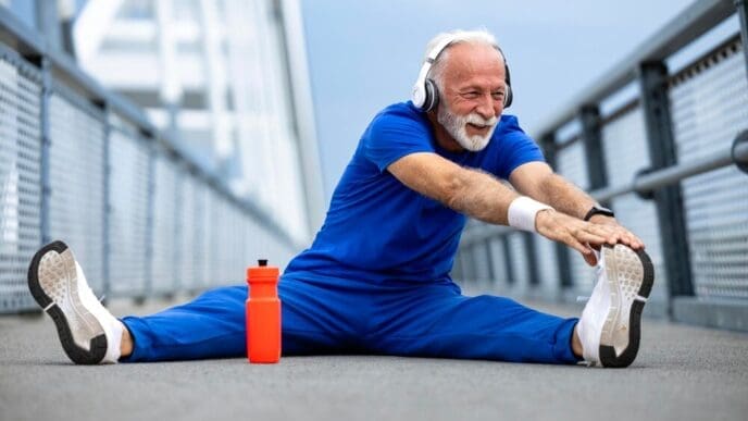 A senior man stretches his legs and warms up before a running workout.