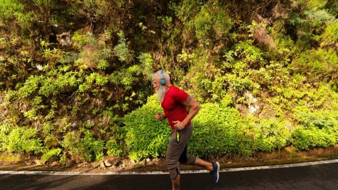 A senior man with a white beard runs outdoors in a natural setting.