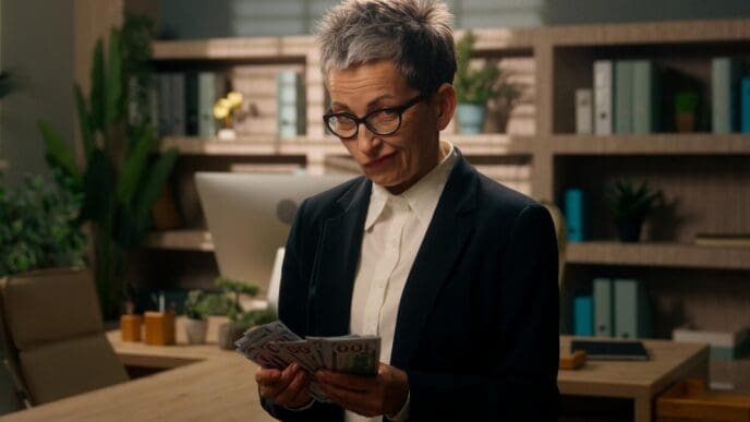 A mature Caucasian businesswoman with gray hair wears a serious expression.