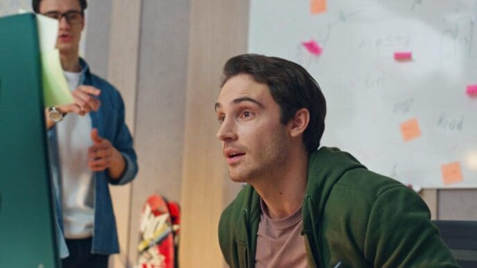 A close-up shot shows a serious man looking at a computer while talking to a colleague.