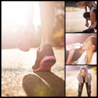Collage of shoes and a runner's legs on a road, with a thirsty woman drinking water.