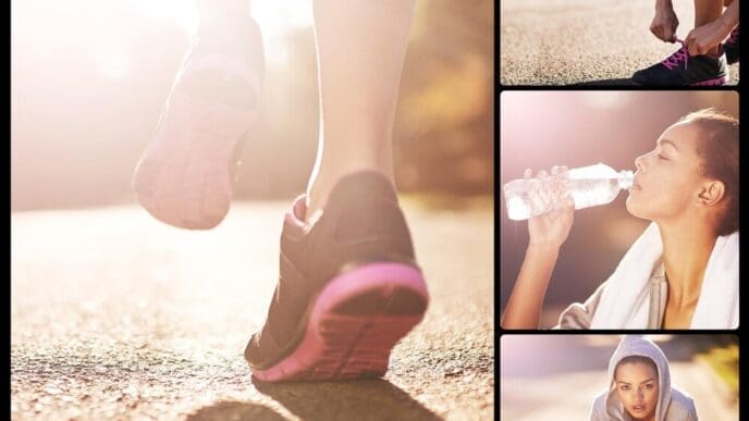 Collage of shoes and a runner's legs on a road, with a thirsty woman drinking water.