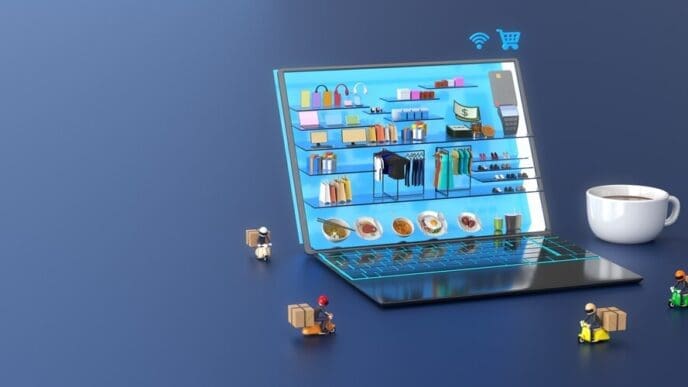 A laptop displays an online shopping mall with a delivery person and a cup of coffee on the table.