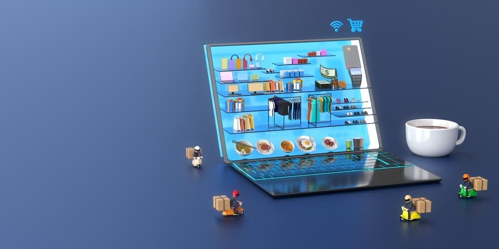 A laptop displays an online shopping mall with a delivery person and a cup of coffee on the table.