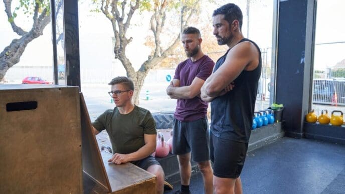 Side view of two male athletes in sportswear preparing for a workout in a modern gym with glass walls and sports equipment.