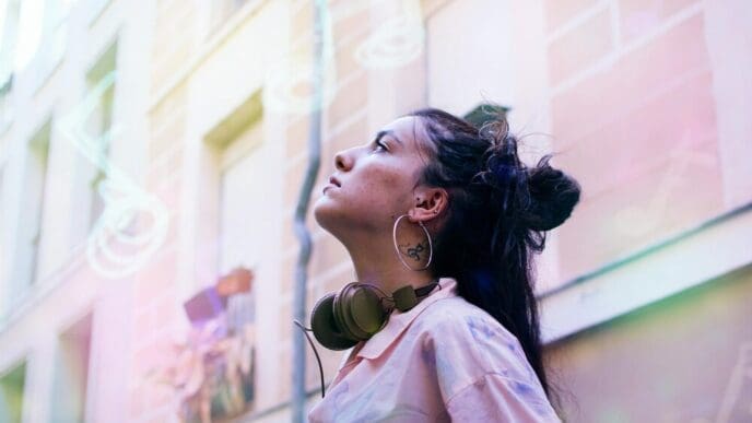 Woman stands in profile against a building.