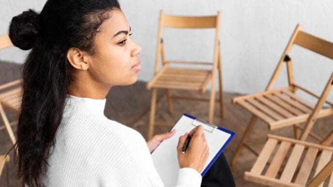 Woman in profile, holding a clipboard, participates in a group therapy session.