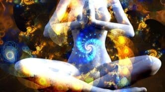 Silhouette of a girl in the lotus position is set against a vibrant, swirling fractal universe illustration.