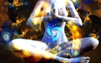 Silhouette of a girl in the lotus position is set against a vibrant, swirling fractal universe illustration.