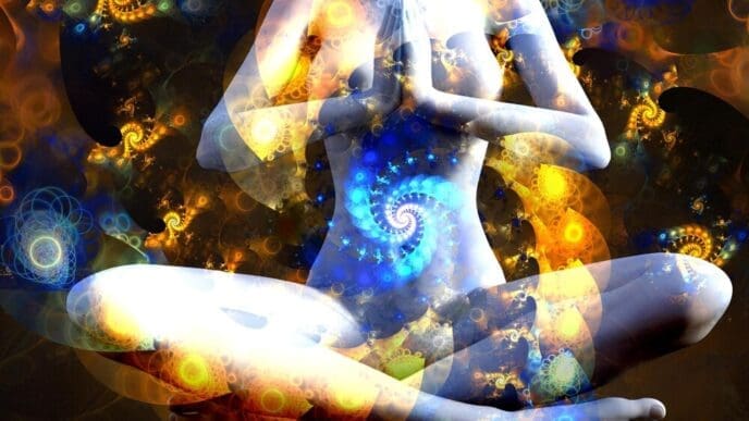 Silhouette of a girl in the lotus position is set against a vibrant, swirling fractal universe illustration.
