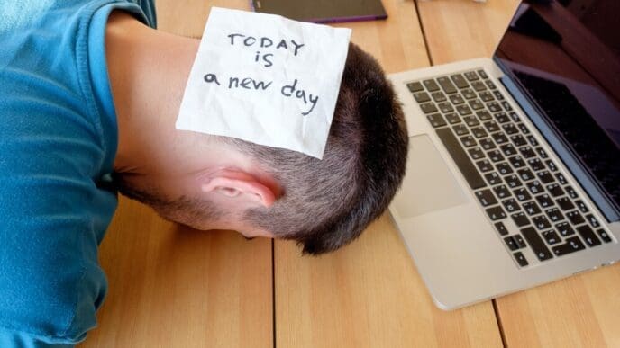 A person sleeps peacefully in their home office, likely a freelancer taking a nap.