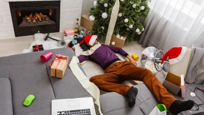 A man sleeps on a sofa, presumably after a Christmas party.