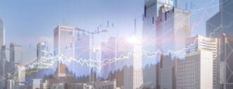 A digital diagram of growing graphs and statistics overlays a cityscape.
