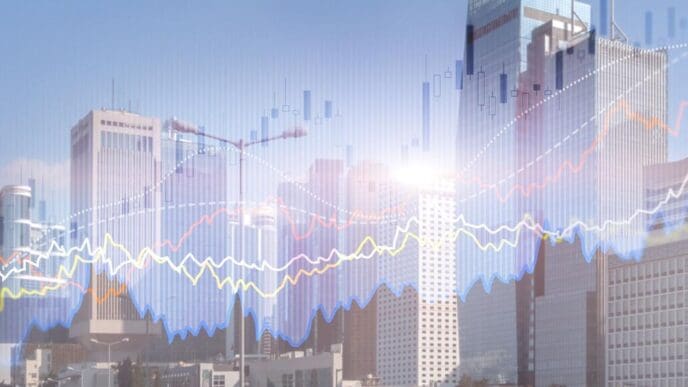 A digital diagram of growing graphs and statistics overlays a cityscape.