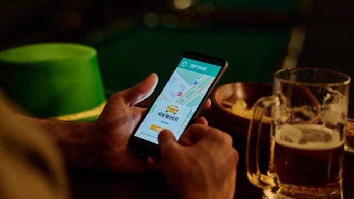 A smartphone displays a ride-sharing app interface.