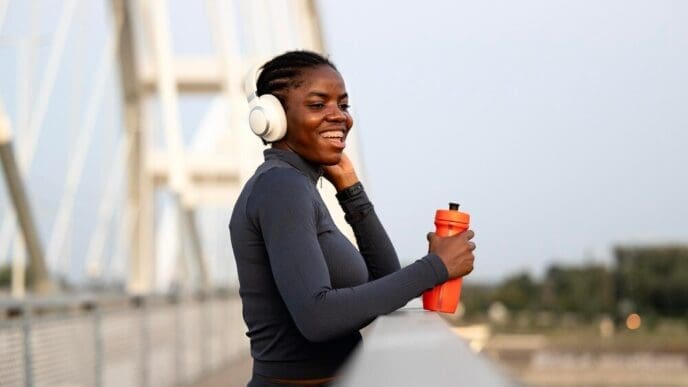 A smiling Black woman in athletic wear uses a smartphone while taking a break from training.
