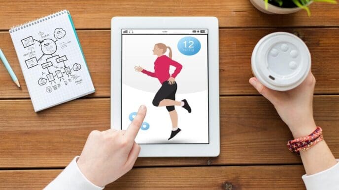 A woman uses a tablet displaying a fitness app, with a notebook and coffee on a wooden table.