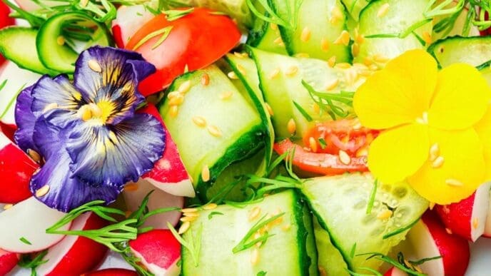 A colorful spring salad with fresh vegetables and edible flowers is arranged on a table.