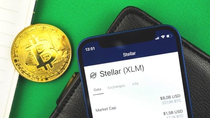 Close-up of the Stellar XLM cryptocurrency logo displayed on a mobile phone screen, with a Bitcoin and business workspace in the background.