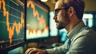 A stock market analyst monitors financial data on multiple computer screens.