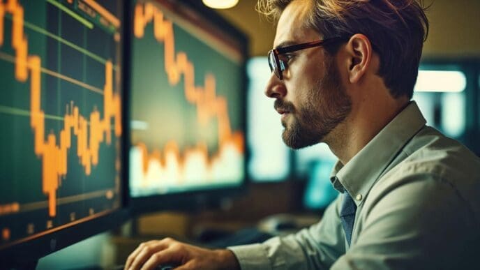 A stock market analyst monitors financial data on multiple computer screens.
