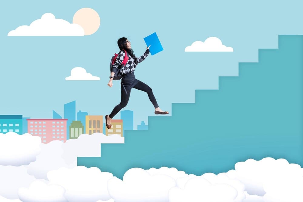 A student climbs a staircase with a city skyline visible in the background.
