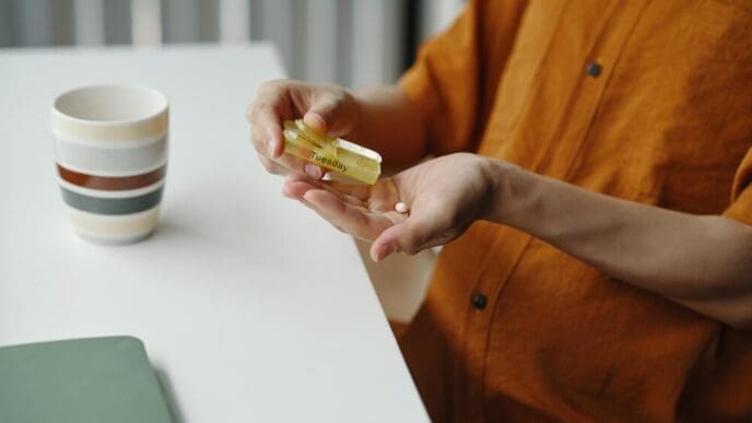 A person's hand reaches into a pill organizer to take a daily dose of medication.