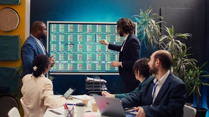 A team of business analysts examines stock trade trends displayed on a large, interactive board.