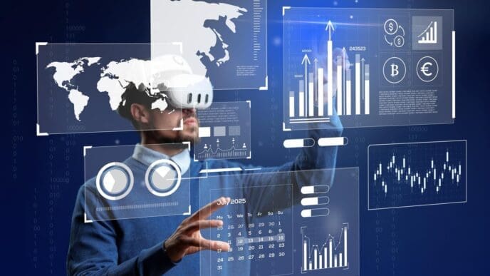 A person wearing a VR headset interacts with a data visualization projected in a modern office.