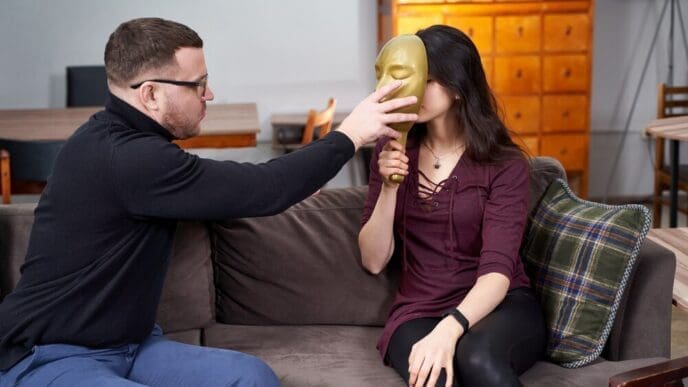 Therapist places a clear plastic mask on a patient's face during a therapy session.