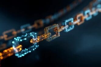Three-dimensional chains with glowing blue and orange links symbolize the concept of a block.