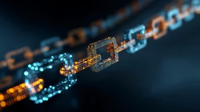 Three-dimensional chains with glowing blue and orange links symbolize the concept of a block.