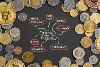 Overhead view of a chart and other items representing the economy.