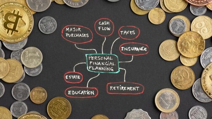 Overhead view of a chart and other items representing the economy.