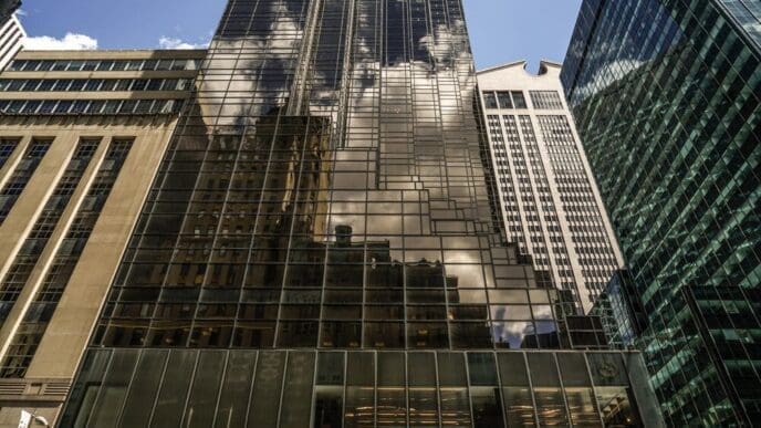 Exterior view of Trump Tower, a skyscraper in Manhattan, New York City.