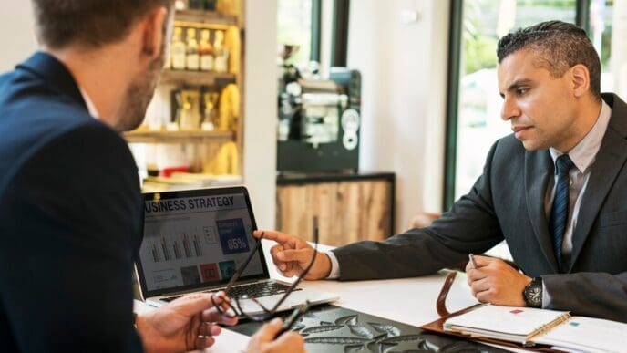 Two businessmen sit at a cafe table, engaged in a meeting with a laptop.