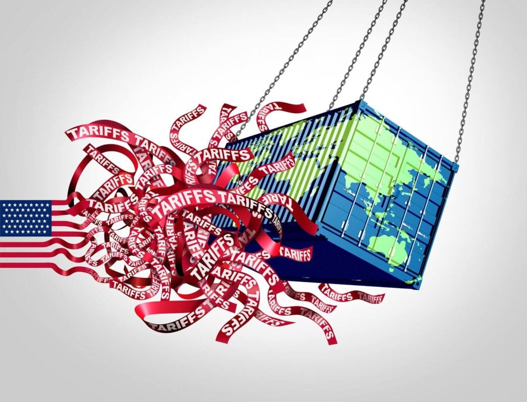 A 3D illustration depicts a globe being impacted by tariffs, symbolizing economic turmoil caused by a trade war involving American imports and exports.