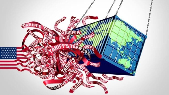 A 3D illustration depicts a globe being impacted by tariffs, symbolizing economic turmoil caused by a trade war involving American imports and exports.