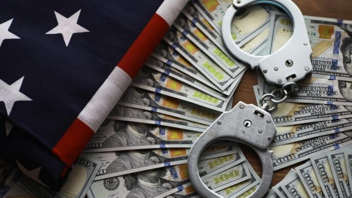 A pair of handcuffs rests on a U.S. flag, with money scattered around, illustrating concepts of law enforcement and financial crime.
