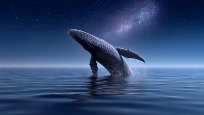 A humpback whale breaches through the surface of a surreal ocean into a cosmic sky filled with stars and nebulae.