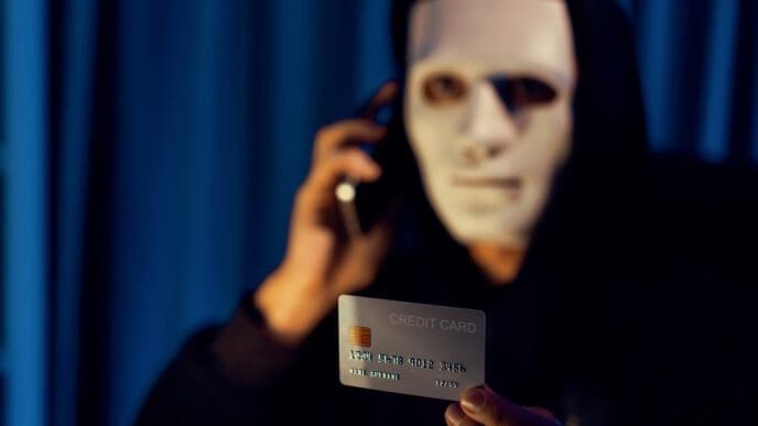 White criminal mask with a sinister expression, overlaid with text about a credit card ransom.