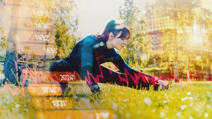 A woman stretches outdoors on a sunny day, likely at a gym or park.
