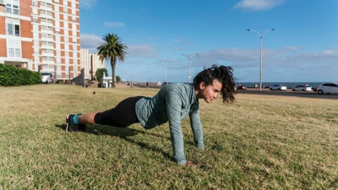 A woman in workout clothes performs push-ups on a grassy surface.