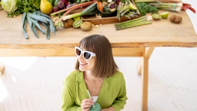 A woman sips lemonade with a variety of healthy foods visible in the background.