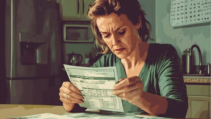 A woman in a kitchen examines bills, likely reviewing her finances.