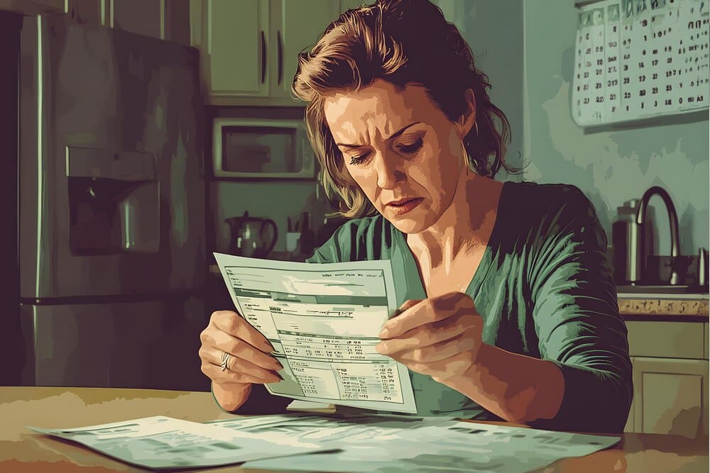 A woman in a kitchen examines bills, likely reviewing her finances.