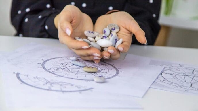 A woman, a numerologist and astrologer, counts numbers, with a selective focus on her hands.